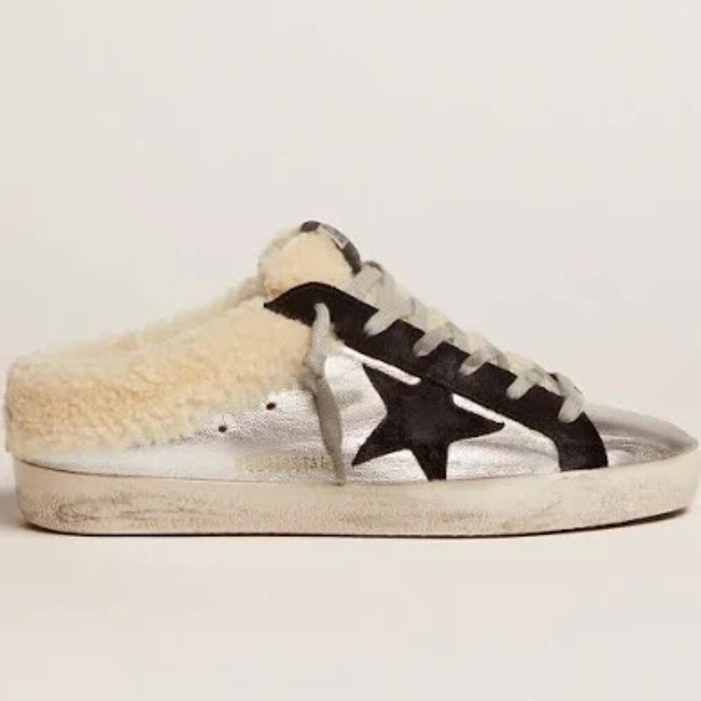 Golden Goose Super-Star Sabot in silver laminated leather, Size 8